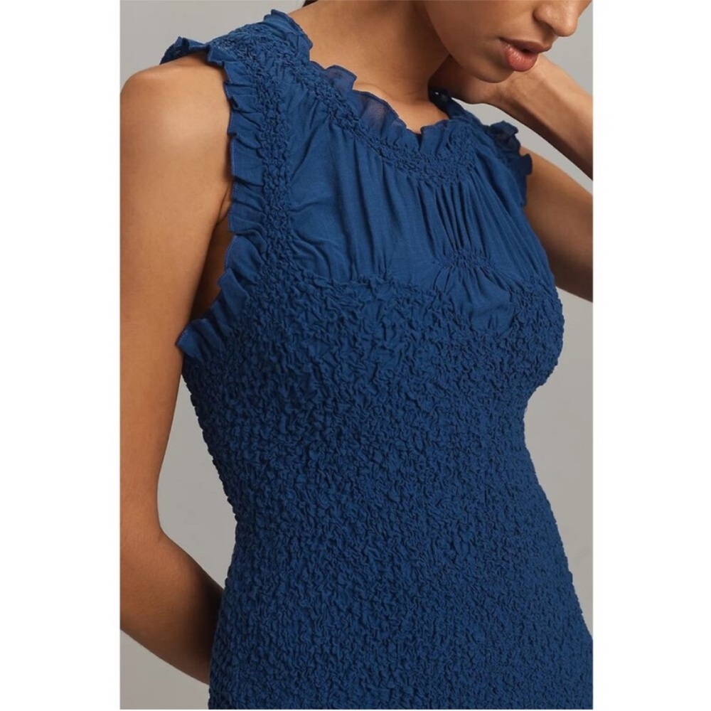 Anthropologie Blue Ruffle Trim Textured Sleeveless Mini Dress M NWT - Picture 3 of 10